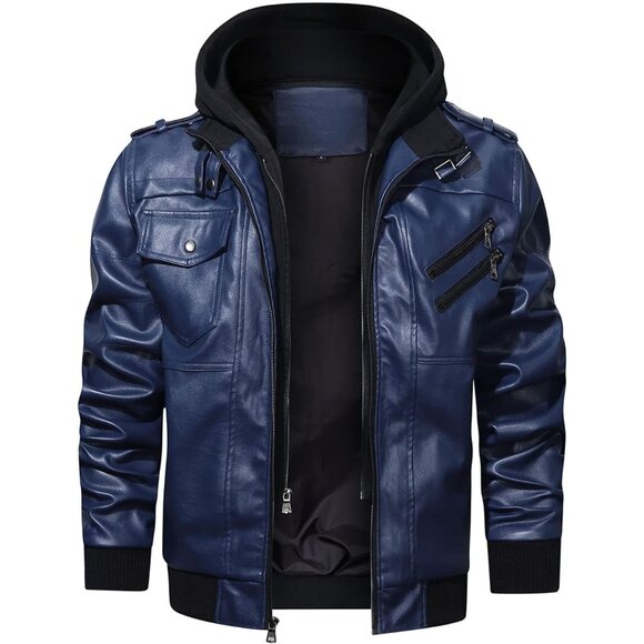 Men’s Navy Blue Stand Collar PU Faux Leather Bomber Jacket With a Removable Hood - Picture 5 of 6